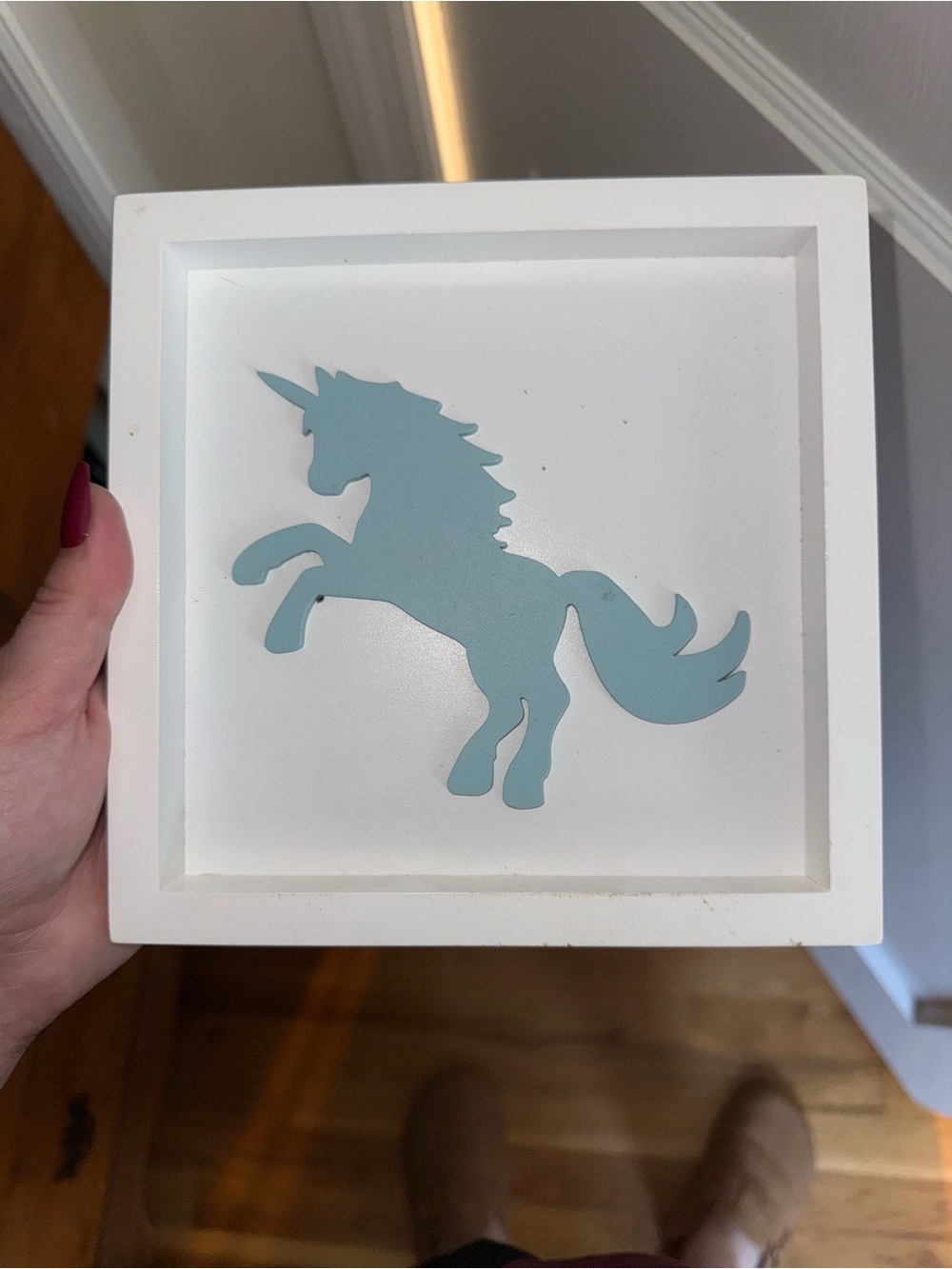 White Framed Wall Art with Light Blue Unicorn Accent